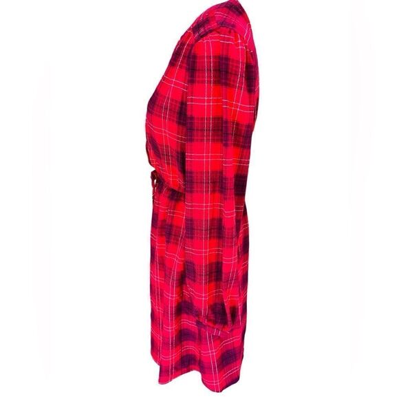 Knox Rose Long Sleeve Split Neck Plaid A Line Belted Dress in Red Plaid Size XS - Picture 6 of 8
